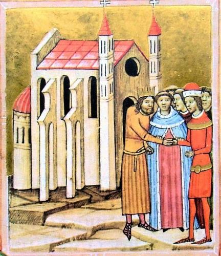 800px-Chronicon Pictum P105 Kálmán és Álmos kibékülése Dömösön
